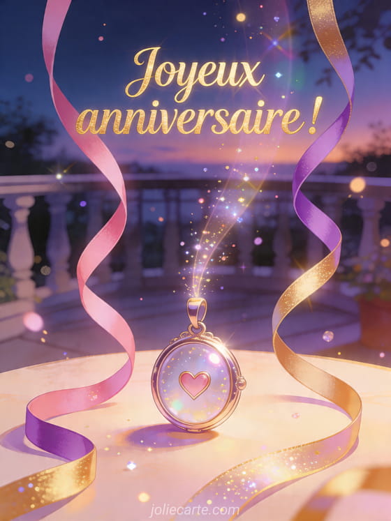 Visuel romantique d'anniversaire avec lumière douce, décor de fête et message d'amour.