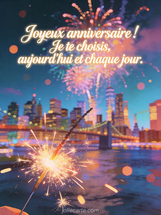 Visuel romantique d'anniversaire avec lumière douce, décor de fête et message d'amour.