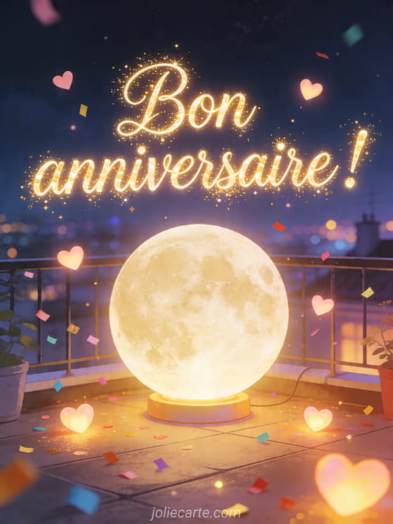 Visuel romantique d'anniversaire avec lumière douce, décor de fête et message d'amour.
