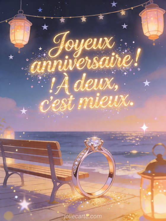 Visuel romantique d'anniversaire avec lumière douce, décor de fête et message d'amour.