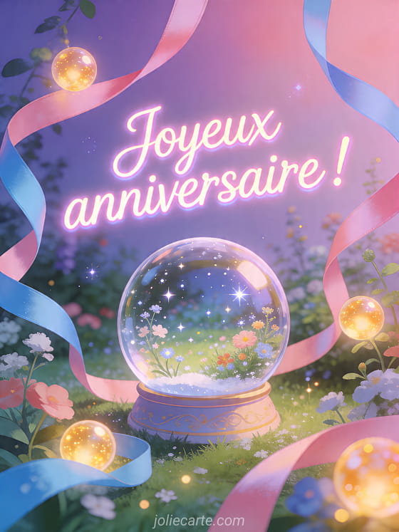 Visuel romantique d'anniversaire avec lumière douce, décor de fête et message d'amour.