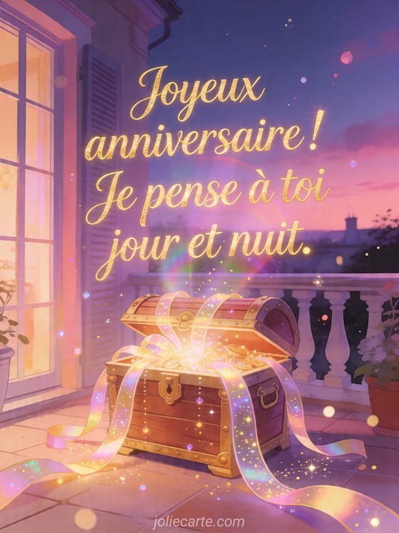 Visuel romantique d'anniversaire avec lumière douce, décor de fête et message d'amour.