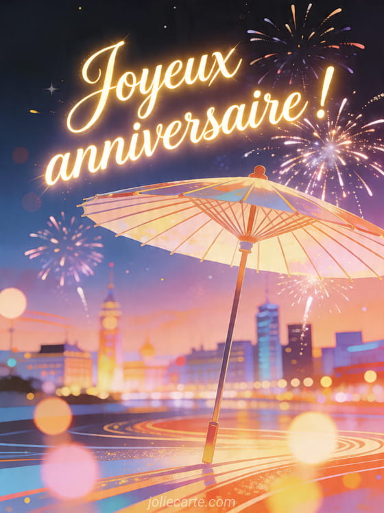 Visuel romantique d'anniversaire avec lumière douce, décor de fête et message d'amour.