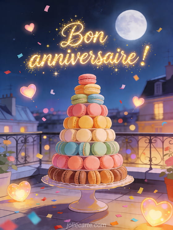 Visuel romantique d'anniversaire avec lumière douce, décor de fête et message d'amour.