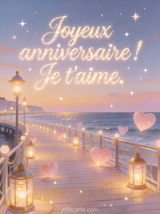 Visuel romantique d'anniversaire avec lumière douce, décor de fête et message d'amour.