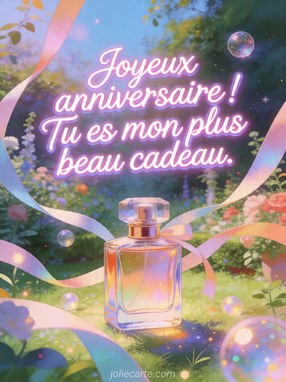 Visuel romantique d'anniversaire avec lumière douce, décor de fête et message d'amour.