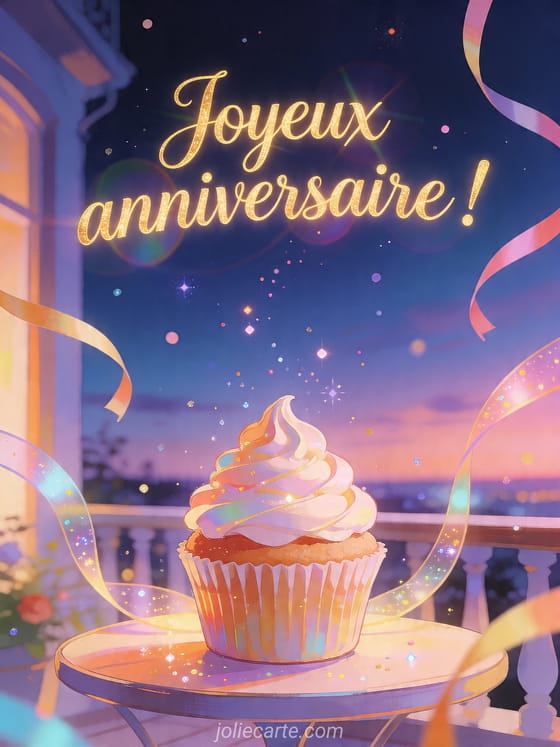 Visuel romantique d'anniversaire avec lumière douce, décor de fête et message d'amour.