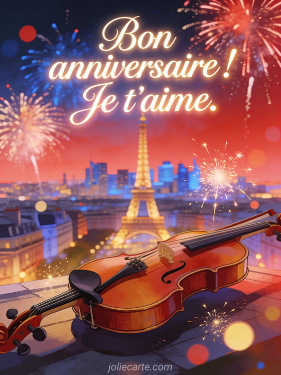Visuel romantique d'anniversaire avec lumière douce, décor de fête et message d'amour.