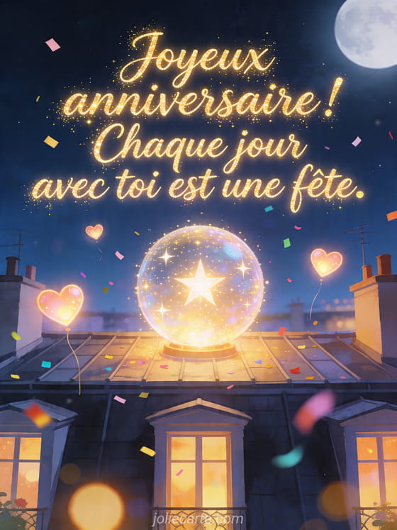 Visuel romantique d'anniversaire avec lumière douce, décor de fête et message d'amour.