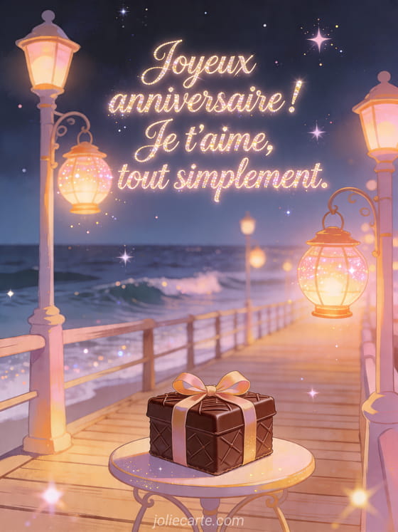 Visuel romantique d'anniversaire avec lumière douce, décor de fête et message d'amour.