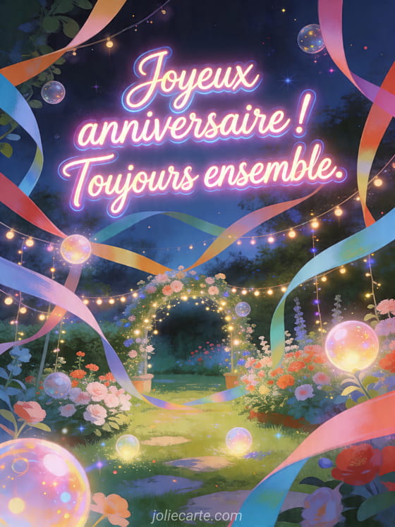 Visuel romantique d'anniversaire avec lumière douce, décor de fête et message d'amour.
