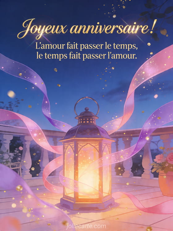 Visuel romantique d'anniversaire avec lumière douce, décor de fête et message d'amour.