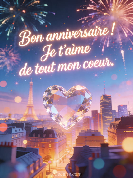 Visuel romantique d'anniversaire avec lumière douce, décor de fête et message d'amour.