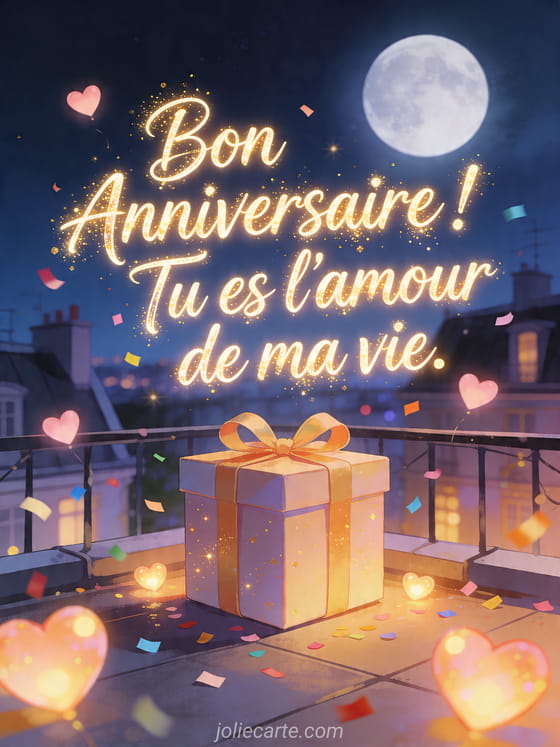 Visuel romantique d'anniversaire avec lumière douce, décor de fête et message d'amour.