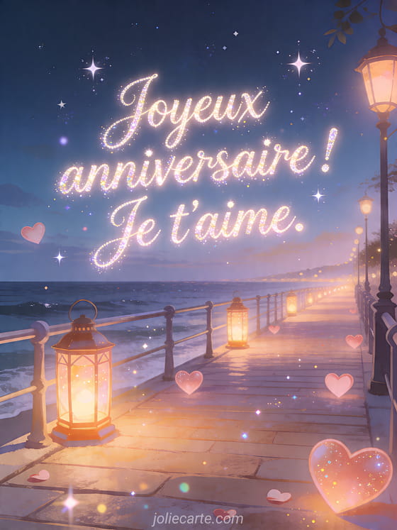 Visuel romantique d'anniversaire avec lumière douce, décor de fête et message d'amour.