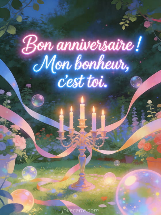 Visuel romantique d'anniversaire avec lumière douce, décor de fête et message d'amour.