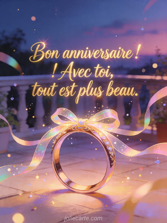Visuel romantique d'anniversaire avec lumière douce, décor de fête et message d'amour.