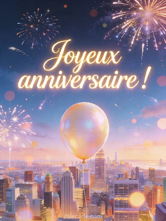 Visuel romantique d'anniversaire avec lumière douce, décor de fête et message d'amour.