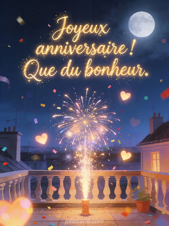 Visuel romantique d'anniversaire avec lumière douce, décor de fête et message d'amour.