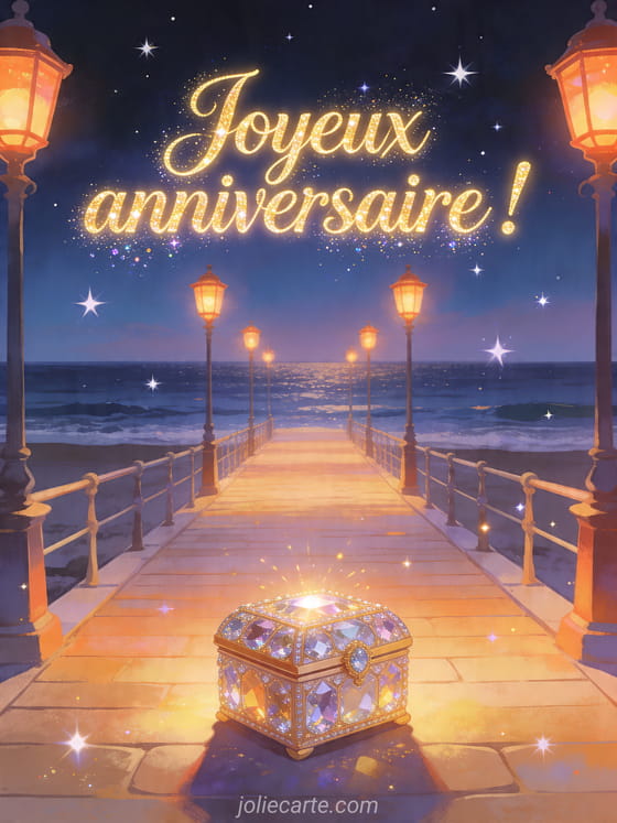 Visuel romantique d'anniversaire avec lumière douce, décor de fête et message d'amour.