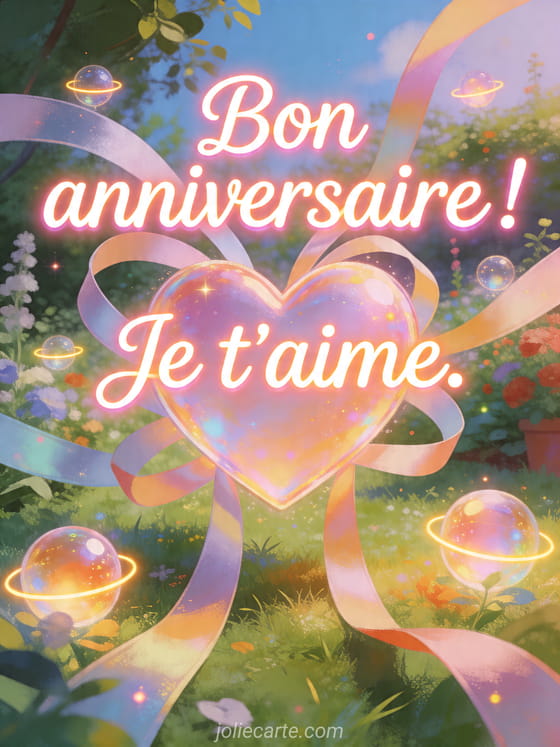 Visuel romantique d'anniversaire avec lumière douce, décor de fête et message d'amour.