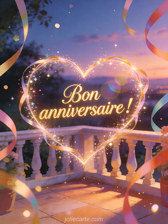 Visuel romantique d'anniversaire avec lumière douce, décor de fête et message d'amour.