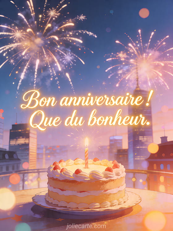 Visuel romantique d'anniversaire avec lumière douce, décor de fête et message d'amour.