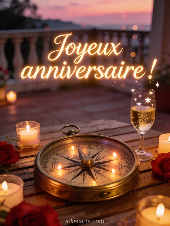 Visuel romantique d'anniversaire avec lumière douce, décor de fête et message d'amour.