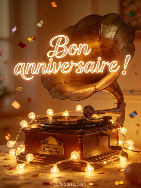 Visuel romantique d'anniversaire avec lumière douce, décor de fête et message d'amour.