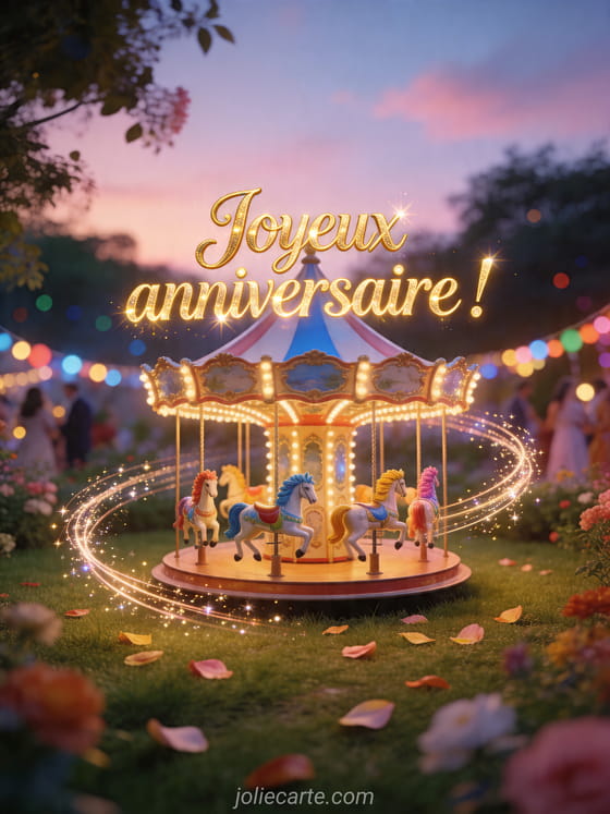 Visuel romantique d'anniversaire avec lumière douce, décor de fête et message d'amour.