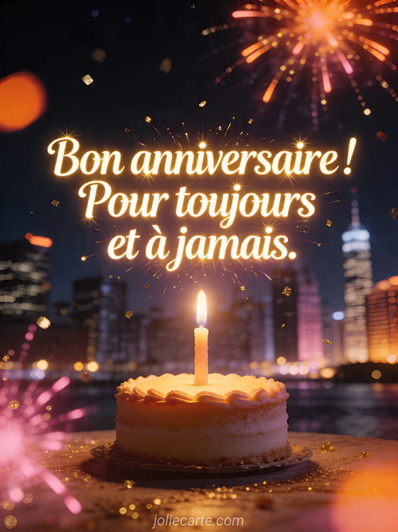 Visuel romantique d'anniversaire avec lumière douce, décor de fête et message d'amour.