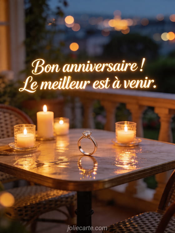 Visuel romantique d'anniversaire avec lumière douce, décor de fête et message d'amour.