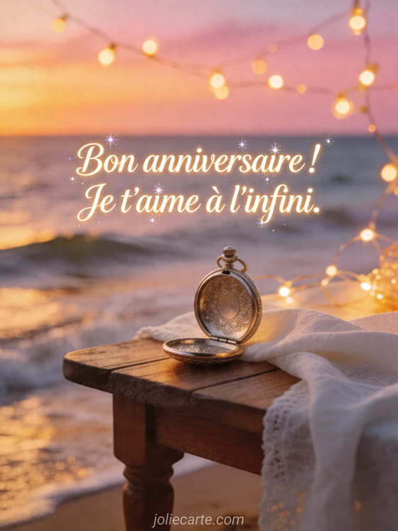 Visuel romantique d'anniversaire avec lumière douce, décor de fête et message d'amour.