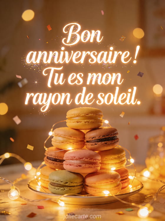 Visuel romantique d'anniversaire avec lumière douce, décor de fête et message d'amour.