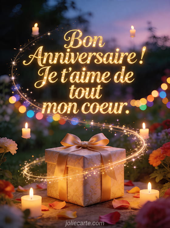 Visuel romantique d'anniversaire avec lumière douce, décor de fête et message d'amour.