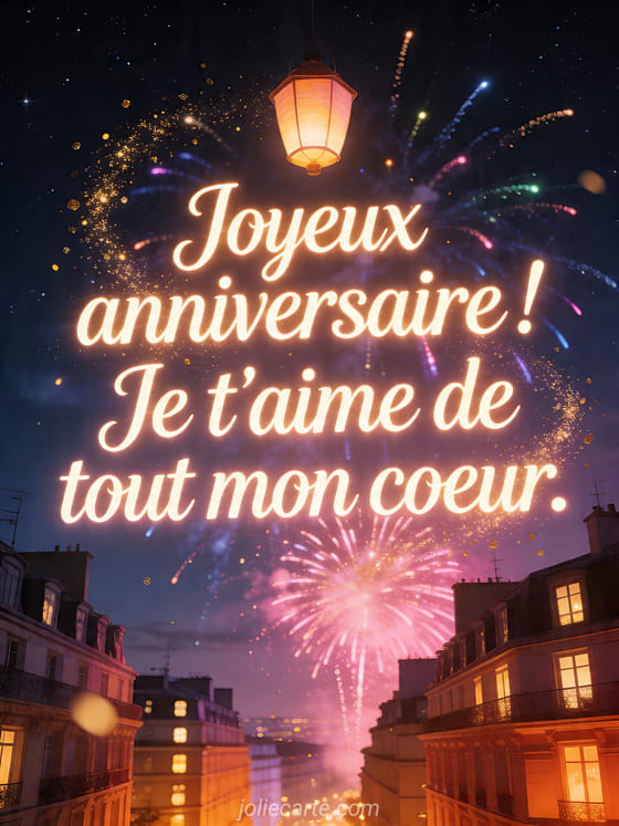 Visuel romantique d'anniversaire avec lumière douce, décor de fête et message d'amour.