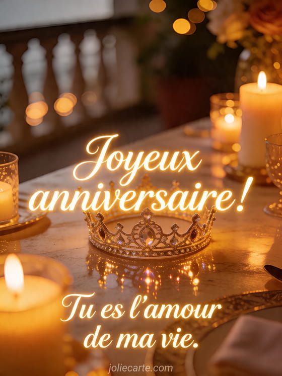 Visuel romantique d'anniversaire avec lumière douce, décor de fête et message d'amour.