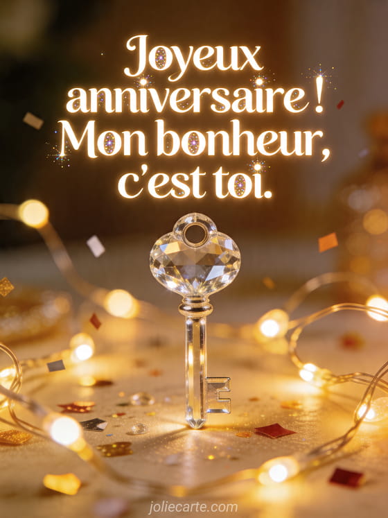 Visuel romantique d'anniversaire avec lumière douce, décor de fête et message d'amour.