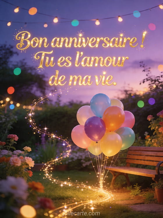 Visuel romantique d'anniversaire avec lumière douce, décor de fête et message d'amour.