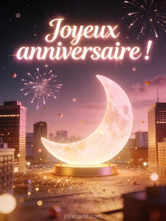 Visuel romantique d'anniversaire avec lumière douce, décor de fête et message d'amour.