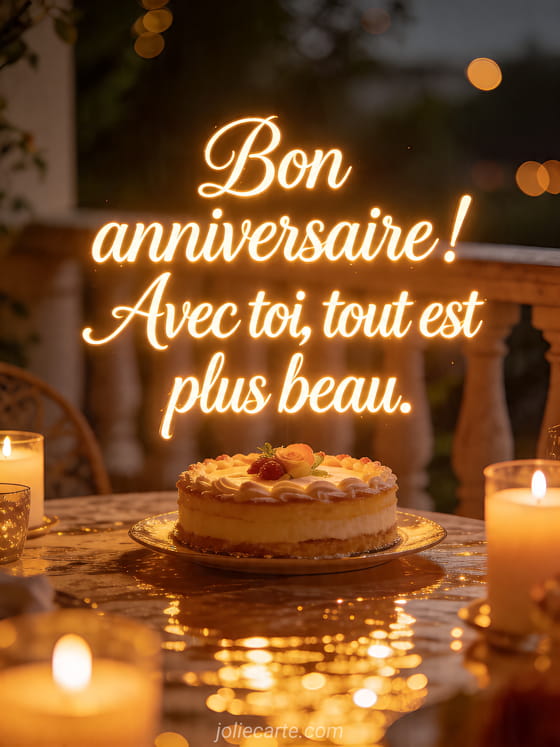 Visuel romantique d'anniversaire avec lumière douce, décor de fête et message d'amour.