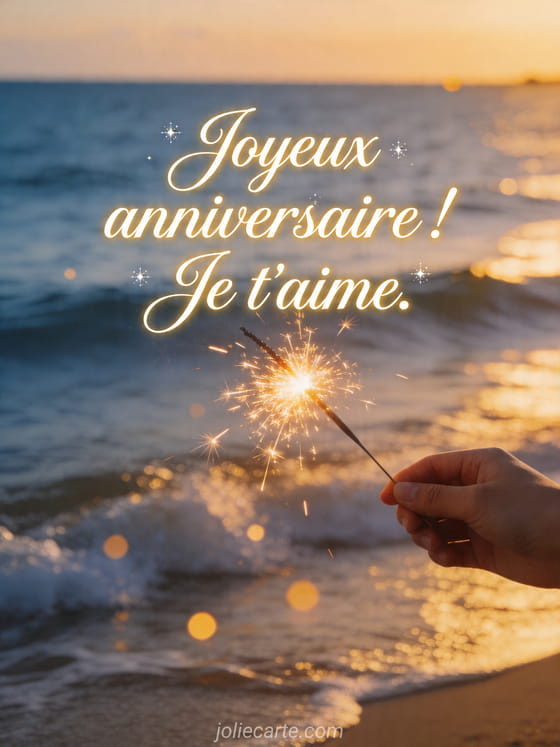 Visuel romantique d'anniversaire avec lumière douce, décor de fête et message d'amour.