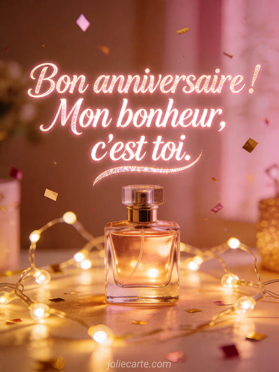 Visuel romantique d'anniversaire avec lumière douce, décor de fête et message d'amour.