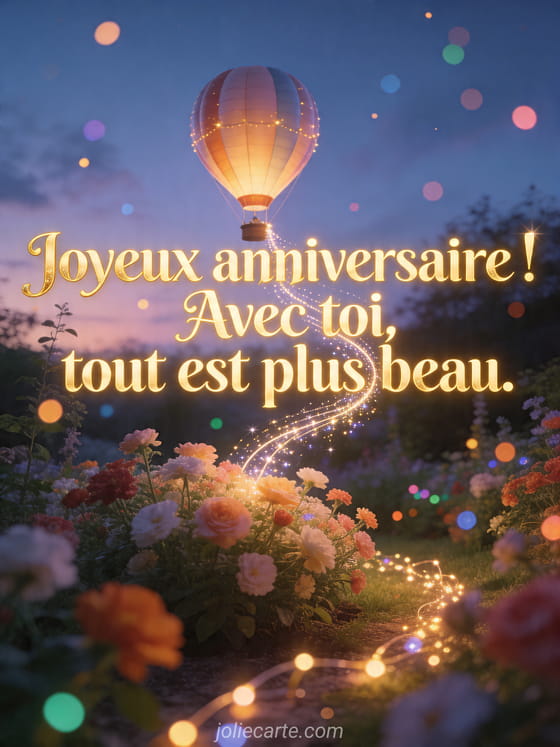 Visuel romantique d'anniversaire avec lumière douce, décor de fête et message d'amour.