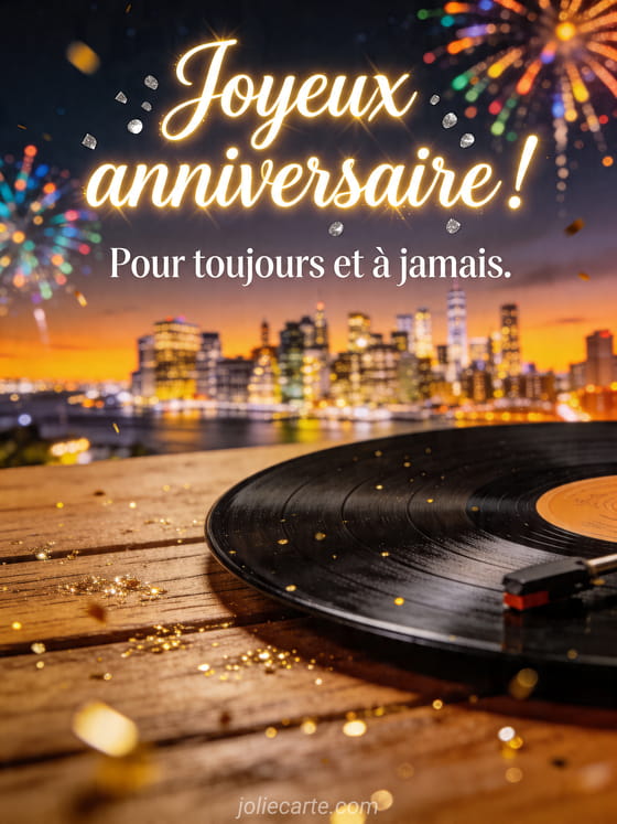 Visuel romantique d'anniversaire avec lumière douce, décor de fête et message d'amour.