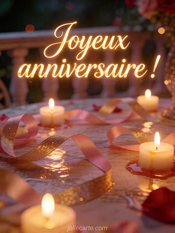 Visuel romantique d'anniversaire avec lumière douce, décor de fête et message d'amour.