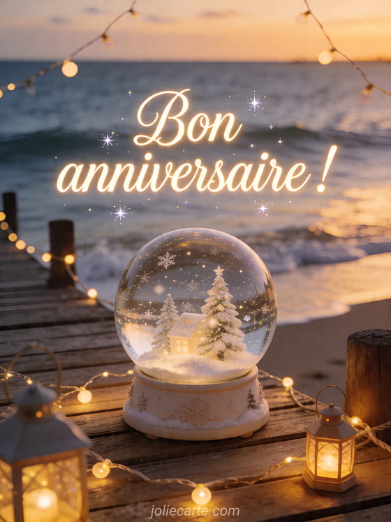 Visuel romantique d'anniversaire avec lumière douce, décor de fête et message d'amour.