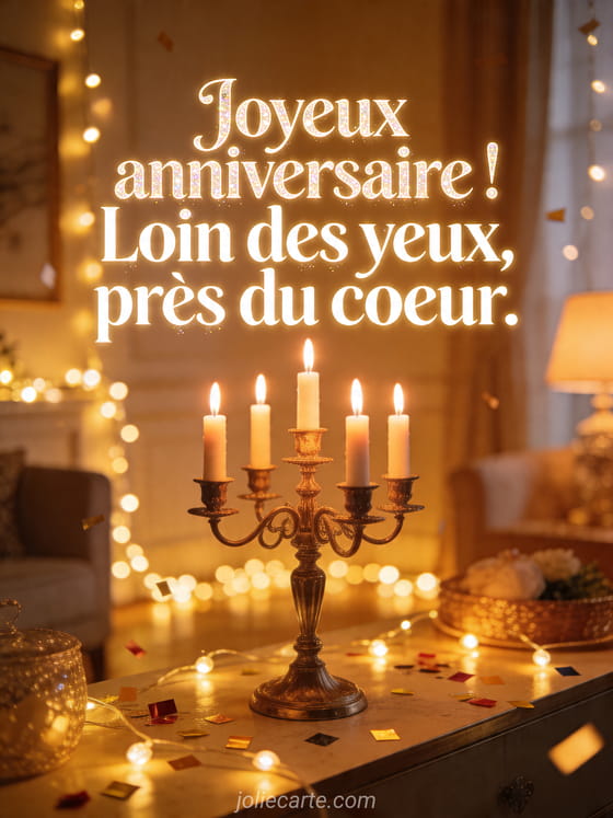 Visuel romantique d'anniversaire avec lumière douce, décor de fête et message d'amour.