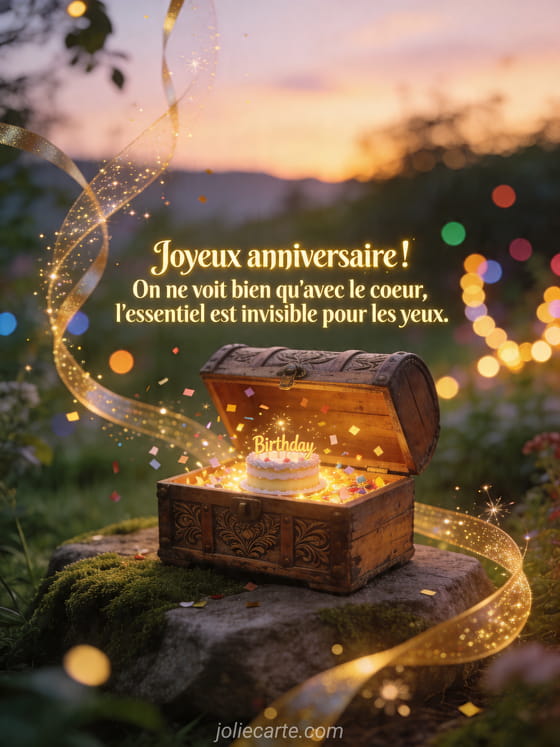 Visuel romantique d'anniversaire avec lumière douce, décor de fête et message d'amour.