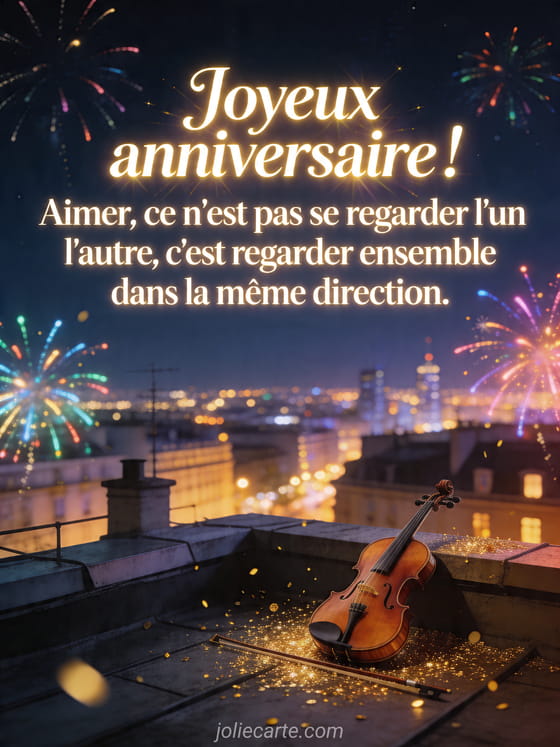 Visuel romantique d'anniversaire avec lumière douce, décor de fête et message d'amour.